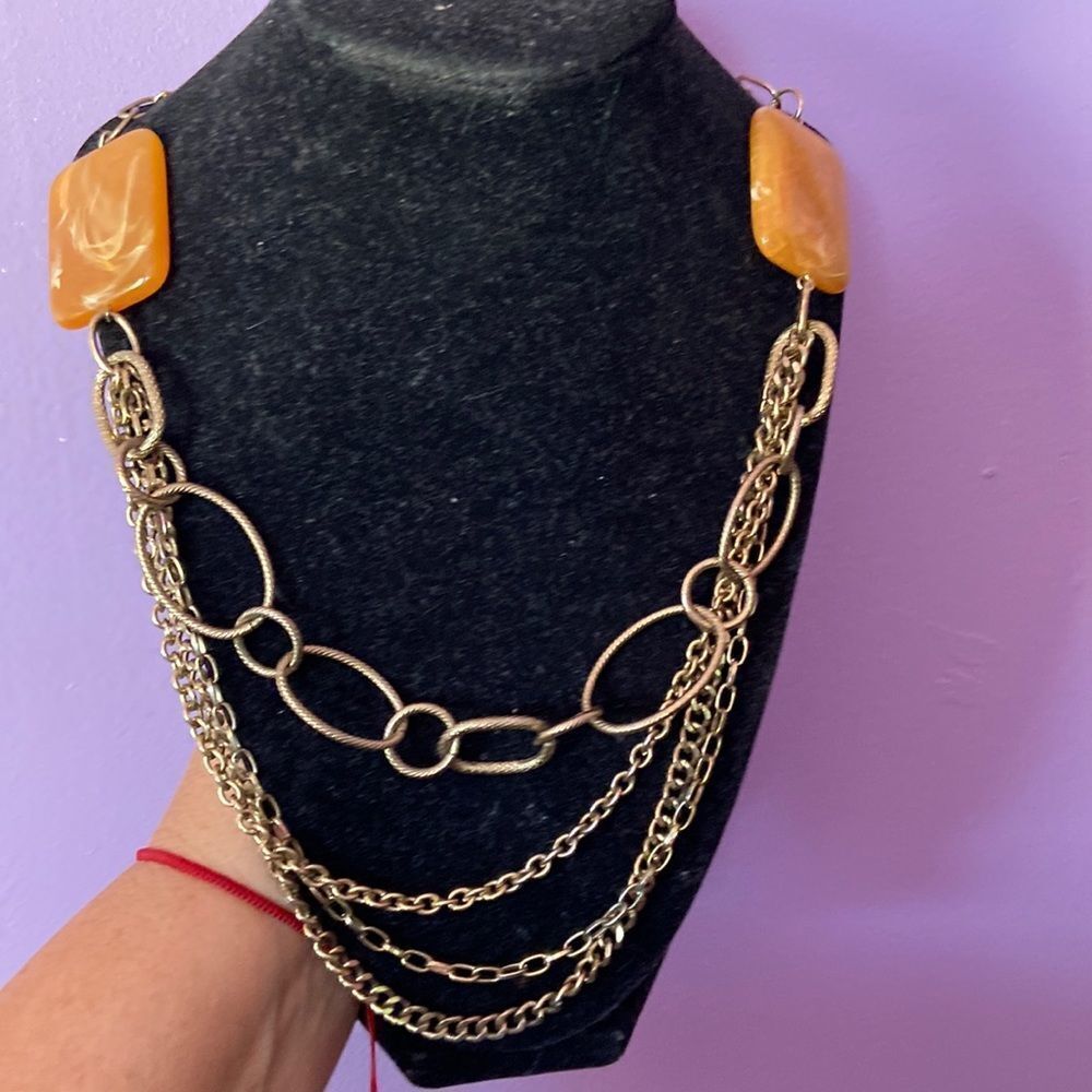 Avon 3 Strand Large Orange Beaded Necklace Gold Tone Statement Jewelry
